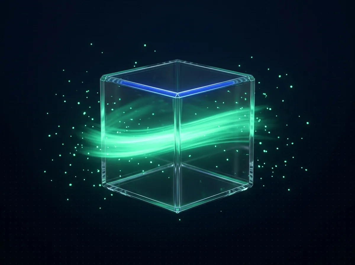 Cube de verre transparent flottant, intérieur entièrement visible — rien à cacher