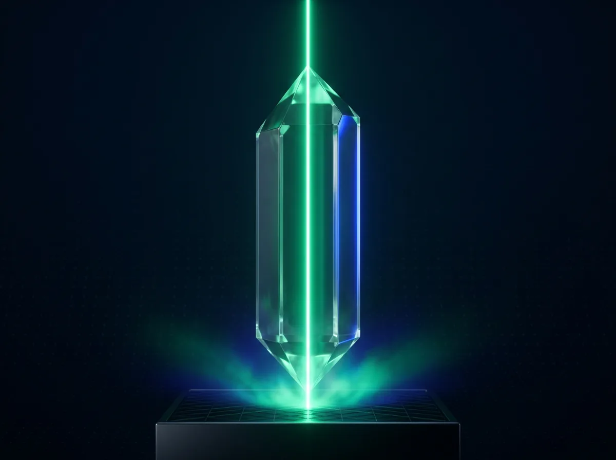 Cristal de quartz transparent traversé par un faisceau de lumière mint — transparence pure