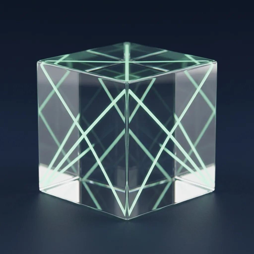 Cube de verre translucide aux rayons mint croisés — transparence